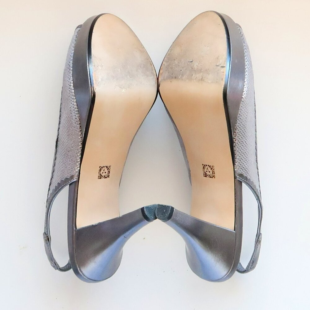Anne Klein Silver Leather Leather Peep Toe Sling-back Platform Heels Pumps Shoes - Picture 7 of 16
